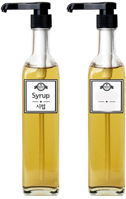 펌프 유리병 사각 + 시럽 스티커 세트, 2개, 500ml