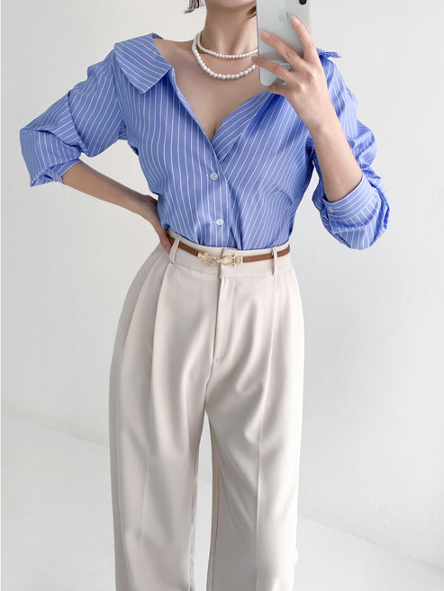 칩썬데이 여성 언밸런스 원오프숄더 긴팔 브이넥 스트라이프 셔츠 캐주얼 무지 카라 블라우스