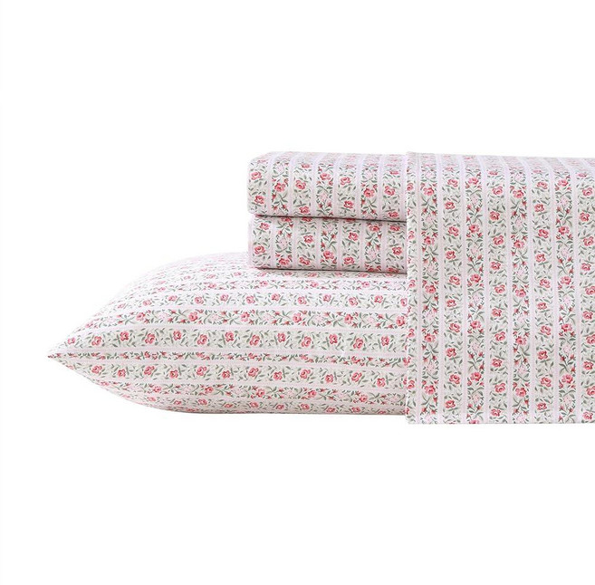 Laura Ashley Home 새틴 컬렉션 침대 시트 세트 실크처럼, Marta Stripe Pink