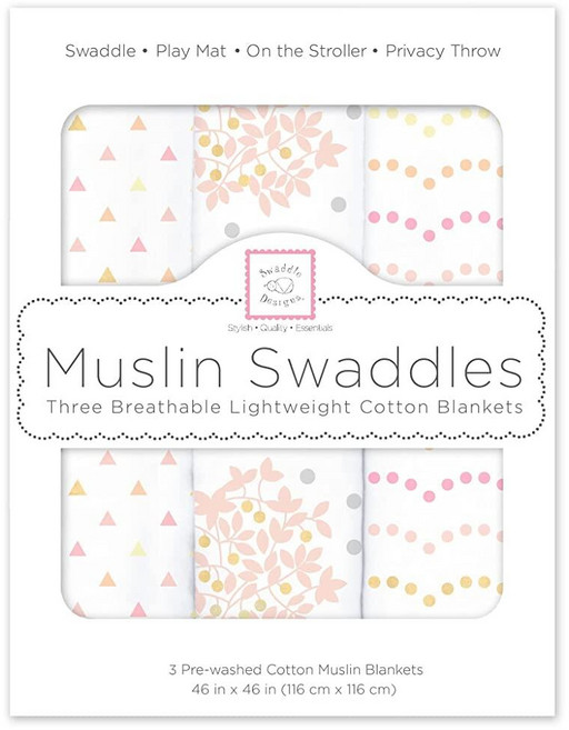 SwaddleDesigns 남아 및 여아용 면 모슬린 포대기 담요 신생아 베이비 레지스트리 및 선물을 위한 뉴트럴 속싸개 담요 116.8 x 116.8cm(46 x 46