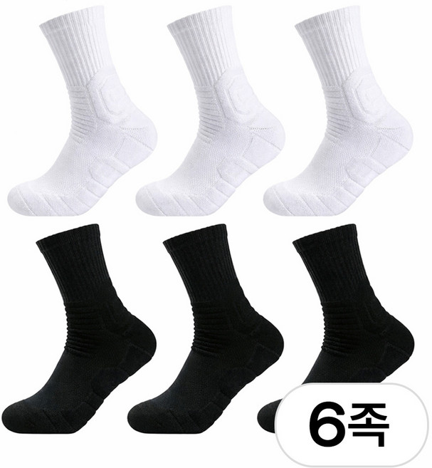 이지몰 고급 스포츠 중목 양말 6켤레 세트 쿠션 런닝 헬스 테니스, 1세트, 화이트 3장 + 블랙 3장