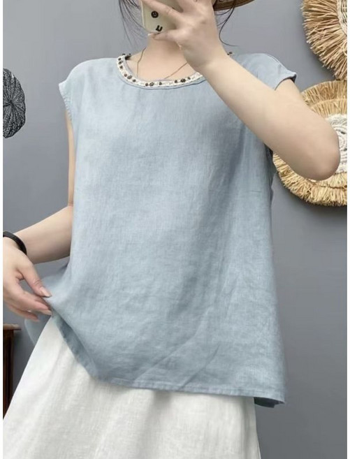 女士亞麻純色無袖襯衫 氣質寬鬆休閒上衣