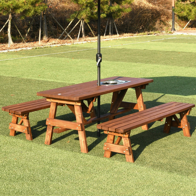 엉클트리 100%통원목 로스타 일체형 야외 테이블 (강력 볼트체결 구조), 4인용 양쪽평벤치 무도색 (평평_로스타형)