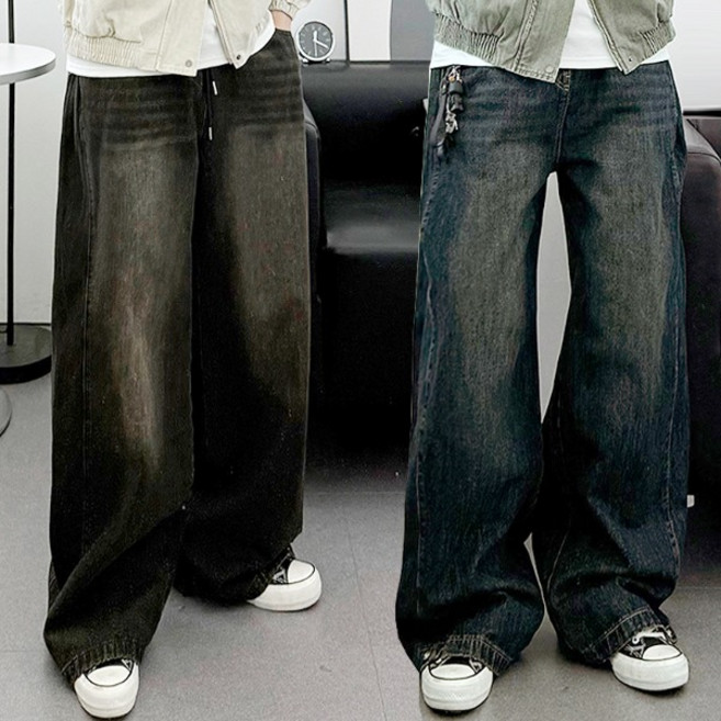 남성 S-3XL 빅사이즈 숏/기본/롱 커브절개 브러쉬 와이드 데님 청바지