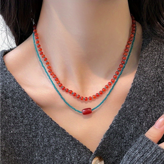 여성용 데일리 투톤 비즈 레이어드 목걸이 2종 세트