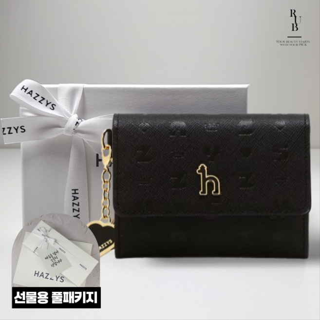 헤지스 여성 하트 참장식 이니셜패턴 미니 소가죽 카드지갑 선물용 풀패키지