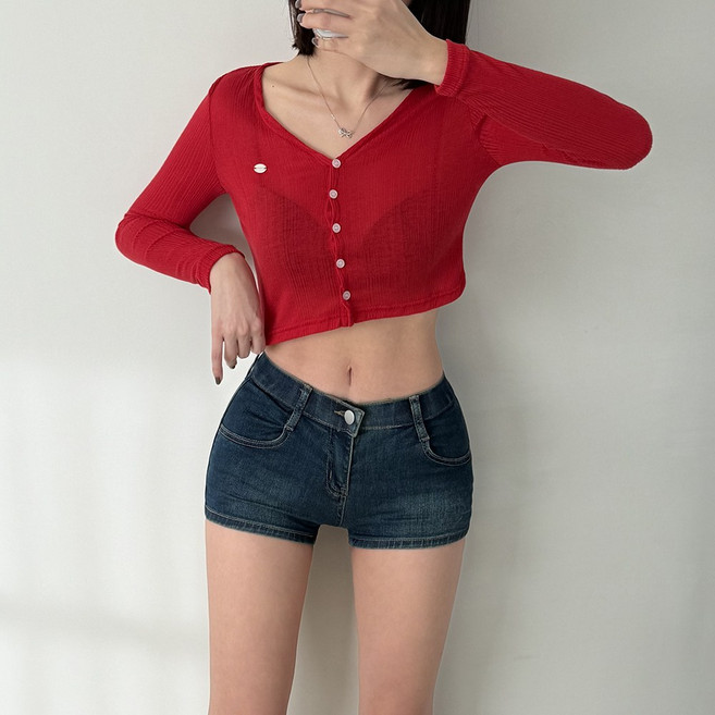 VANANA2 [KOREA제작] 청순한무드 차르르 골지 짧은티 크롭 펜던트 시스루가디건