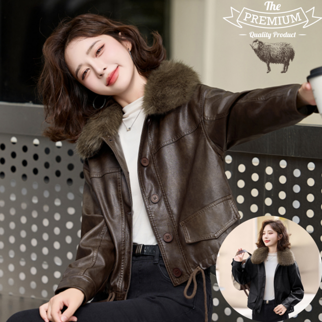 유럽st 100%진짜 양가죽 모피 일체형 수제 리얼가죽 여성 양가죽자켓 재킷 코트 핸드메이드 트렌드 루즈핏