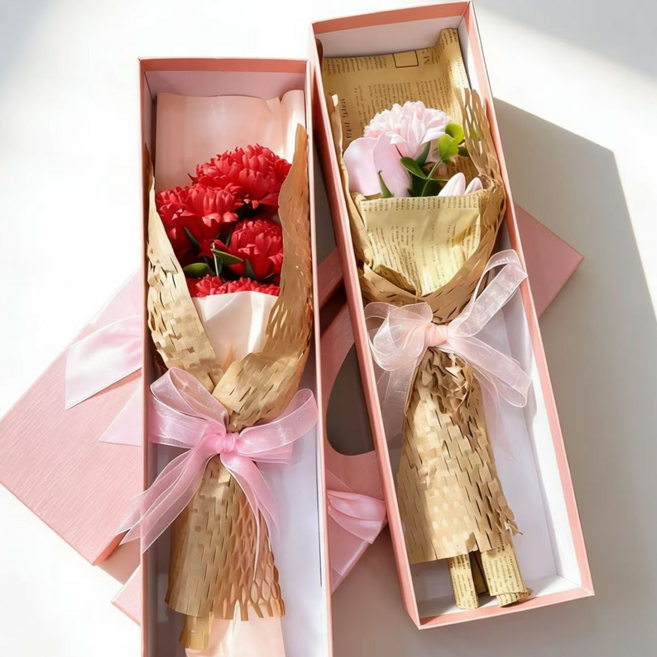 비누꽃 카네이션 리본 포장 꽃다발 박스 선물 세트 어버이날 스승의날, 레드, 1개