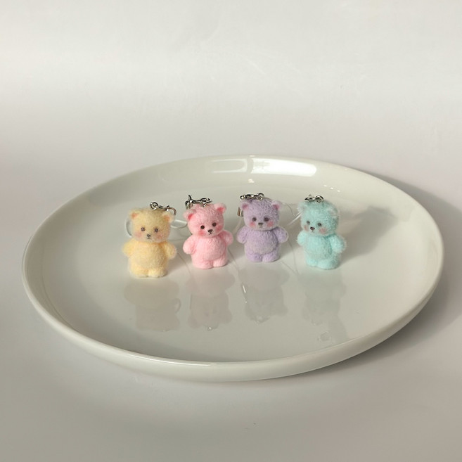 (4pcs) 파스텔 곰돌이 키링 set 후로킹 미니 인형키링 가방 테디베어 스트랩 키홀더 차키링 폰꾸 백꾸 에어팟 핸드폰키링, 1세트, 핑크+노랑+파랑+보라