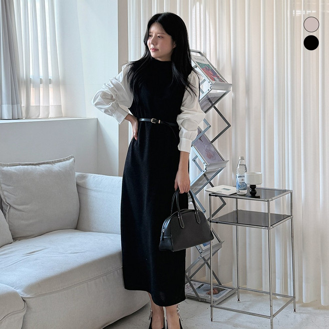 디테일웨어 여성 벨트세트 골드 니트원피스 간절기 하객룩 오버핏 긴팔 롱원피스 셔츠 레이어드 오피스룩 상견례룩