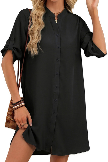 【春夏爆款】V領連衣裙 襯衫裙 連衣裙女 中袖連衣裙 紐扣連衣裙 通勤連衣裙 法式復古設計 收腰顯瘦 歐美外貿原單 亞馬遜速賣通熱銷, 黑色