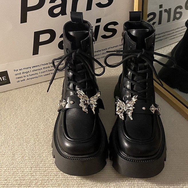 여성 워커 부츠 가을 겨울 캐주얼 코디 키높이 통굽 슈즈 빈티지룩 나비 미들 앵글부츠 WMY