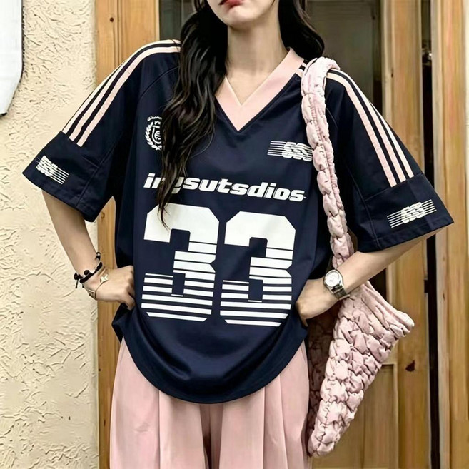 美式復古V領數字33短袖球衣上衣 簡約速乾透氣運動百搭