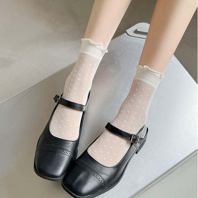 세이아 여성 시스루 레이스 양말 도트 골리 프릴 발목 양말