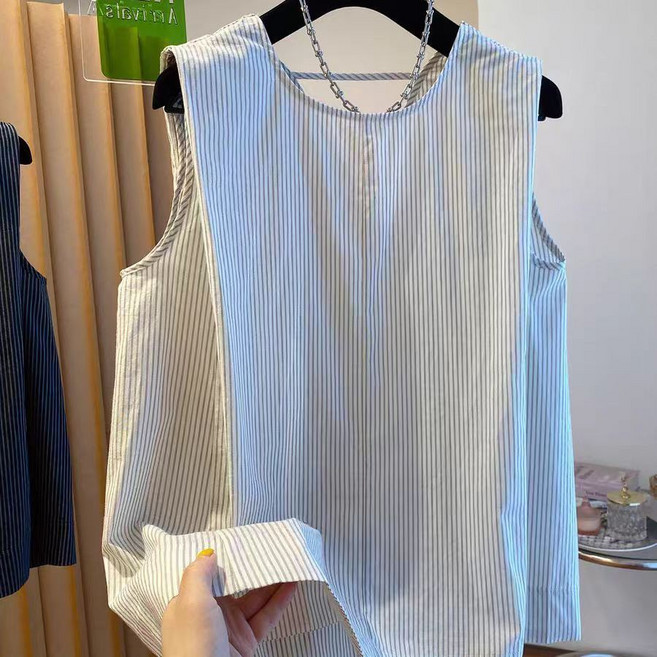胖mm大碼條紋圓領無袖上衣 夏季休閒寬鬆百搭減齡襯衫