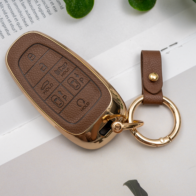 바이어블 현대 소나타 DN8 더 뉴 그랜저 넥쏘 호환 TPU 스마트키 가죽 TPU 케이스 키링 키홀더, 7버튼 TL28, 진브라운