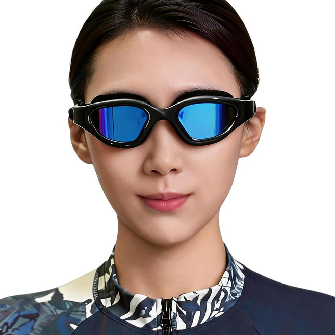 SERMER 와이드 김서림 방지 자외선 차단 수경 고글 물안경 보관케이스 포함, 1개, 블랙 블루코팅