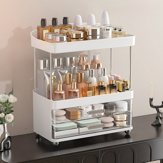 Shipshape 특대형 투명 화장품 정리함 서랍형 쿠션 팩트 립스틱 하이클래스 화장품정리대, 투명 화이트, 1개