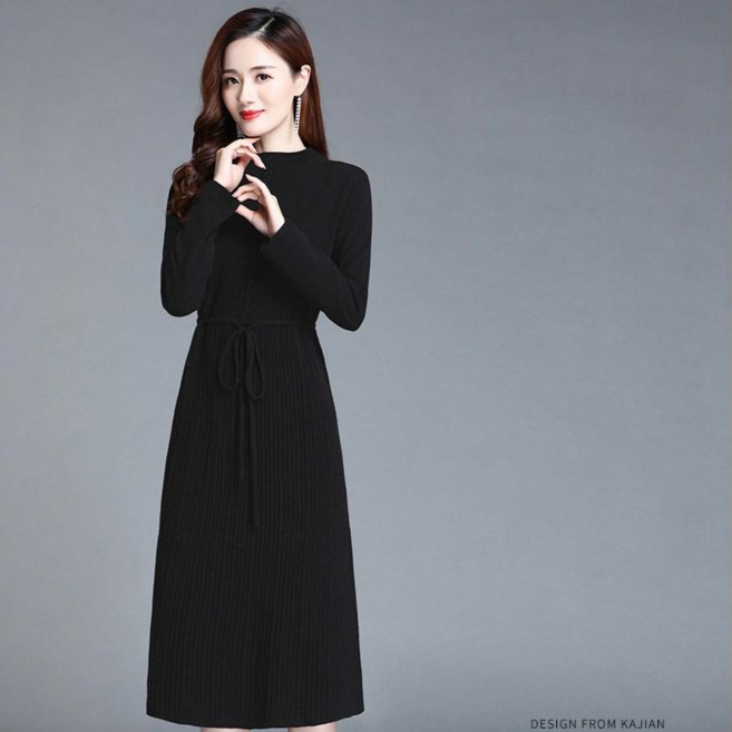 ORZQU 여성 가을 겨울 우아한 허리라인 니트 긴팔 원피스 심플 클래식 원피스