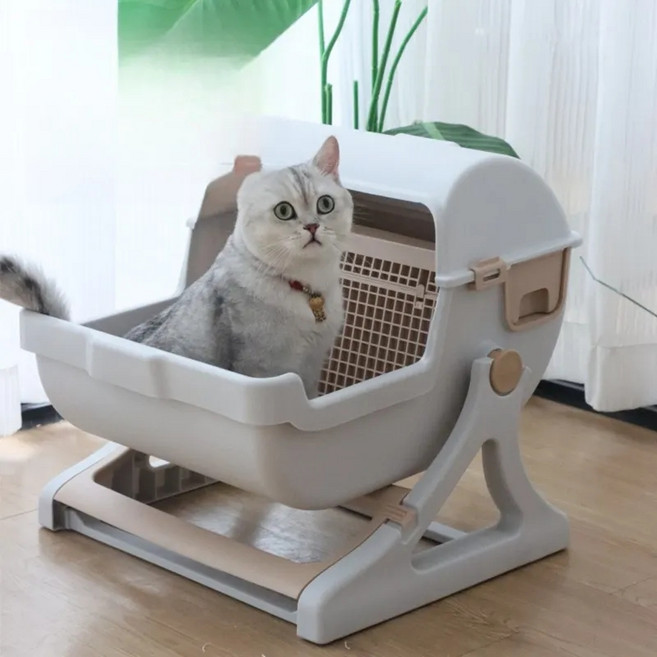 제너텍 고양이 오픈형 자동화장실 대형 비산 방지 고양이화장실 프리미엄 자동처리기 배변, 1개, 베이지