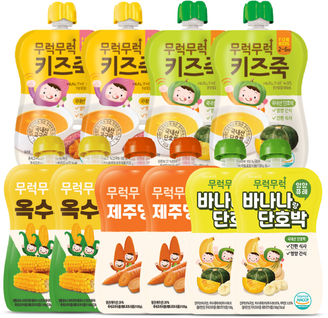 무럭무럭 키즈죽 과일퓨레 알뜰 10팩(고구마 단호박 옥수수 제주당근 바나나단호박 각 2팩)