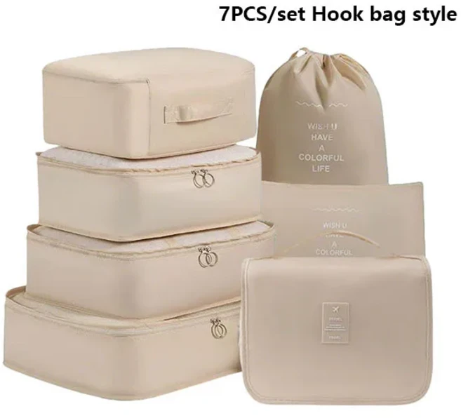 7개 세트 접이식 정리 가방 휴대용 수납 의류 정리함 여행 여행용 큐브 패킹, 7 Hook style Beige