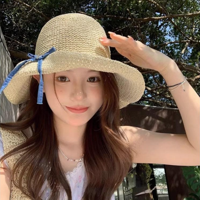 HALOPICK 여름 와이어 챙넓은 벙거지 모자 버킷햇 리본 포인트 밀집모자 라피아햇