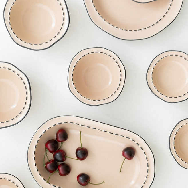 레오나홈 도트 원형 파스텔 2인 4인 그릇 식기 세트 10p, 베이지핑크