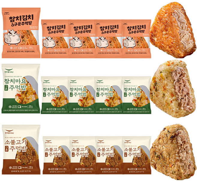 [3종 15봉세트 ] 한우물 두번구운 주먹밥 (참치김치 참치마요 소불고기), 100g, 1개