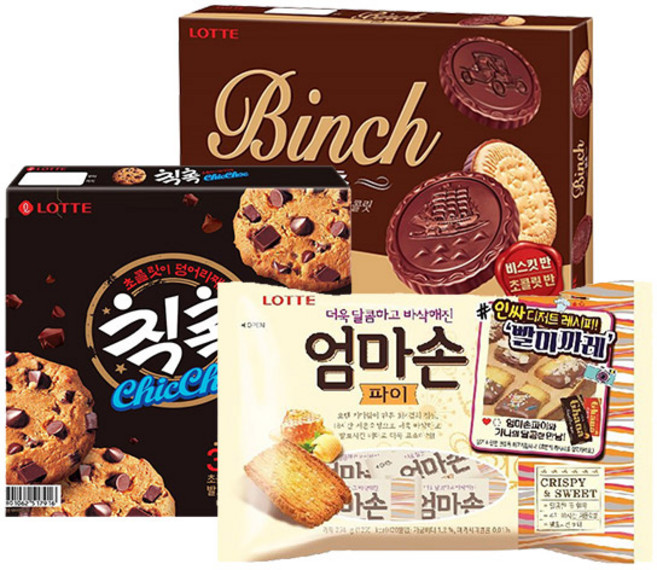 롯데 오리지널 칙촉 180g+빈츠 204g+엄마손파이 254g(총3개), 3개