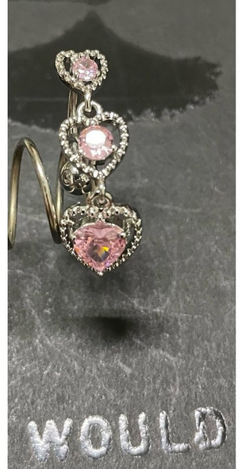 C7 少女系列三顆愛心長墜飾肚臍環 醫療鋼, 粉鑽, 1個