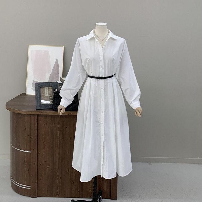 [행복여] 젠느 벨트 세트 셔츠 카라 플레어 원피스