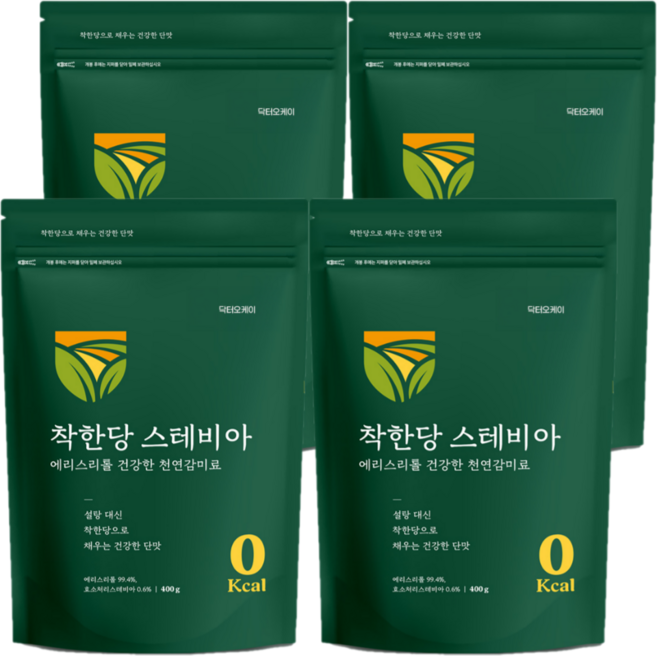 100% 자연유래 스테비아 설탕 대체 천연 감미료 NON GMO 에리스리톨 제로칼로리, 400g, 4개