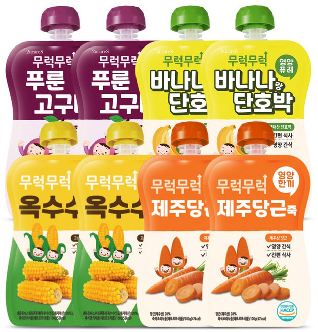 무럭무럭 과일퓨레 알뜰팩 모음, 100g, 8개, 옥수수/제주당근/푸룬고구마/바나나단호박