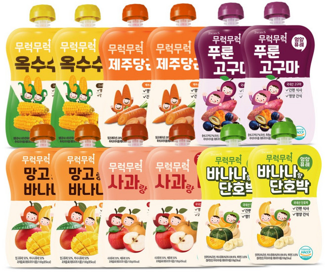 무럭무럭 키즈죽 과일퓨레 알뜰 12팩 (옥수수 제주당근 사과랑배 망고랑바나나 바나나단호박 푸룬고구마 각 2팩), 100g