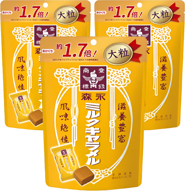 모리나가 밀크 카라멜 (사이즈 UP) 일본 전통 추억의 카라멜+하이츄35g 카라멜 혼합 세트, 132g, 3개