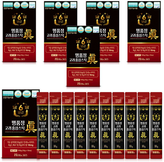 명품정 6년근 고려 홍삼 스틱 진 실속형 1포당 진세노사이드 18mg, 10g, 60개
