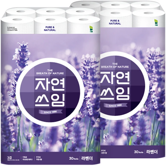 더 도톰한 자연쓰임 무형광 라벤더 화장지, 30개입, 2개 - 쿠팡