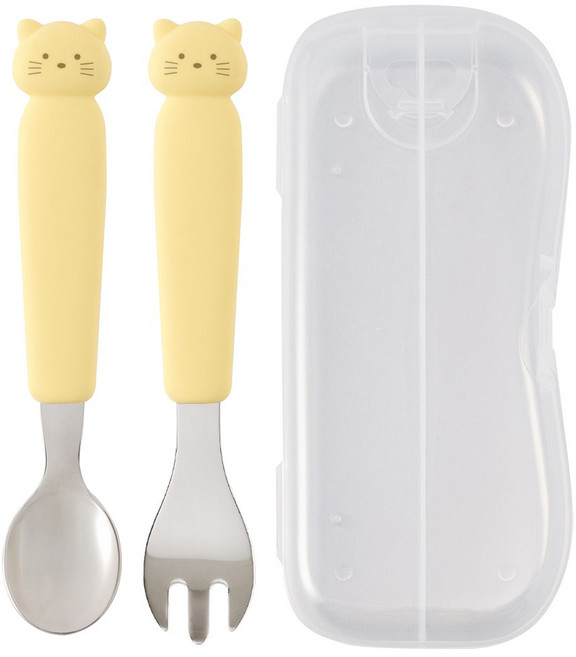 키도러블 고양이 스텐 실리콘 스푼+포크+케이스 세트, 1세트, 허니옐로우