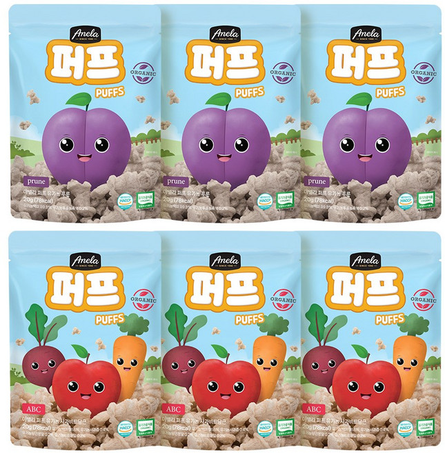 아넬라 유기농 퍼프 2종 x 3p 세트, 혼합맛(사과비트당근/푸룬), 120g, 1세트