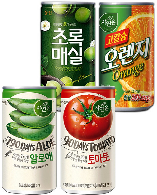 [중앙몰] 미니캔 과즙음료 혼합세트 60캔 (웅진 초록매실+고칼슘 오렌지+자연은알로에+자연은토마토)+메세지스티커, 180ml
