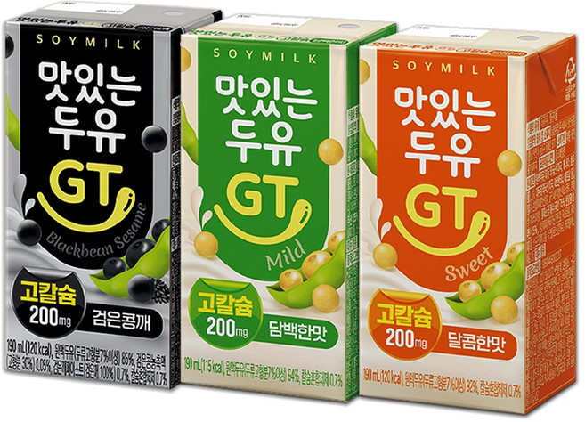 [중앙몰] 맛있는 두유 GT 고칼슘 3종 24팩 혼합세트 ( 달콤한맛+담백한맛+검은콩 깨 ) + 메세지스티커, 190ml, 24개