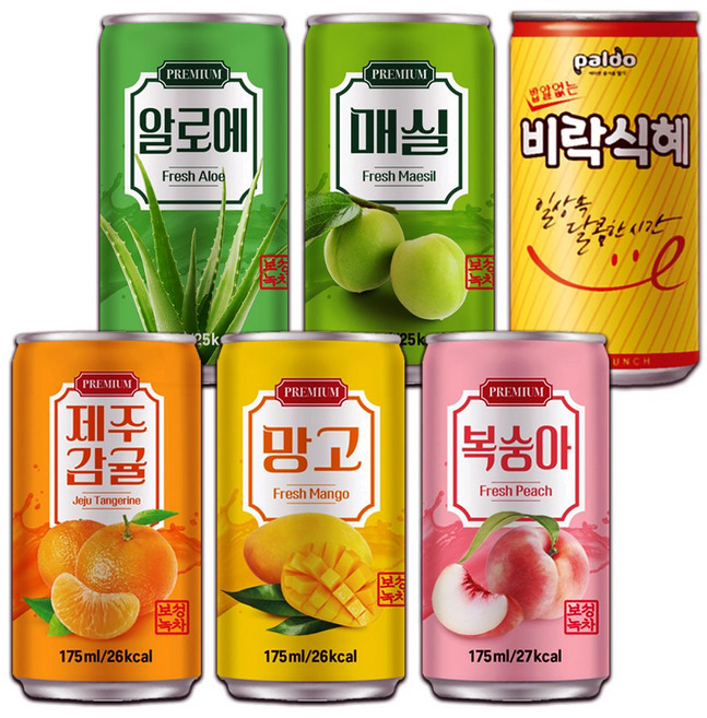 [중앙몰] 미니캔 과즙음료 혼합세트 60캔 (제주감귤+복숭아+망고+매실+알로에+비락식혜)+메세지스티커, 1세트, 175ml