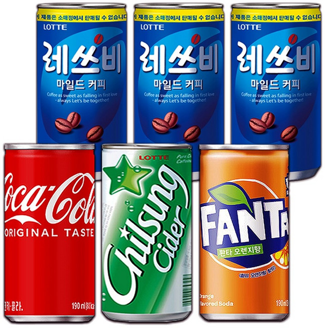 [중앙몰] 미니캔 탄산+커피 음료 혼합세트 60캔 (코카콜라+칠성사이다+환타오렌지+레쓰비)+메세지스티커, 1세트, 190ml