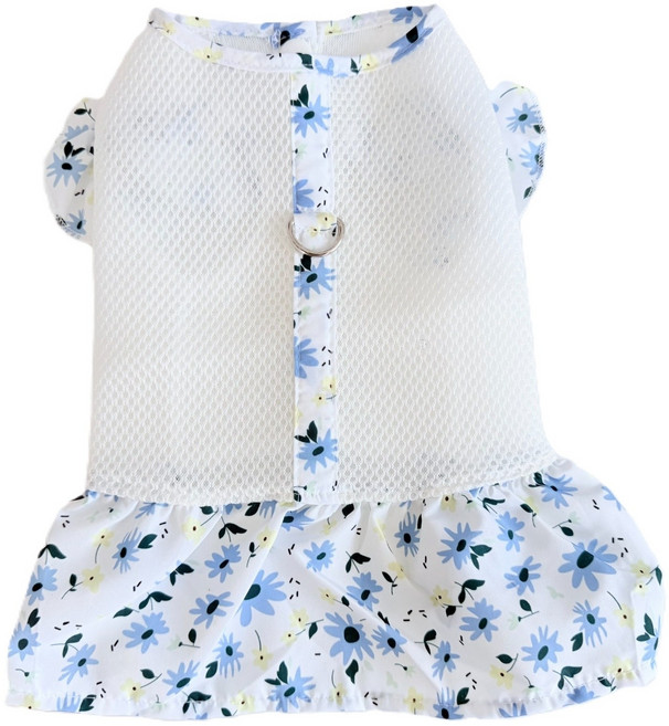 봄 여름 가을 강아지 옷 올인원 애견의류 귀여운 플로럴 패턴 통기성 좋은 메쉬 D링 하네스 원피스 강아지 치마 원피스 강아지 망사 드레스, 산뜻한 파란색, 1개