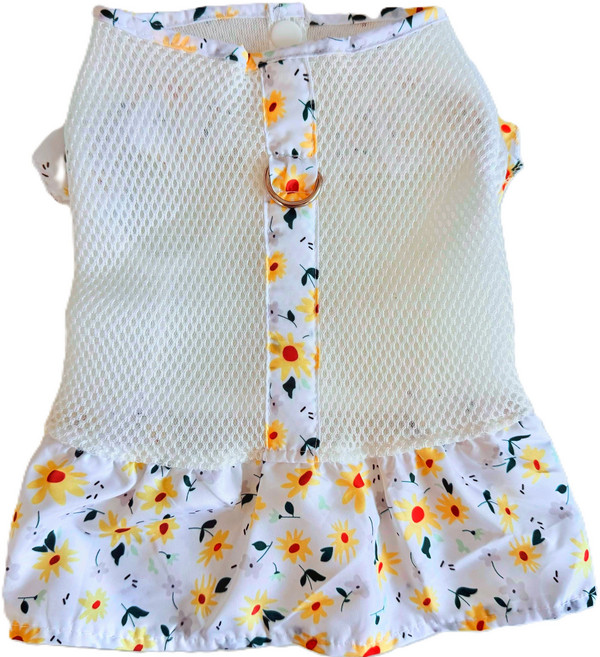 봄 여름 가을 강아지 옷 올인원 애견의류 귀여운 플로럴 패턴 통기성 좋은 메쉬 D링 하네스 원피스 강아지 치마 원피스 강아지 망사 드레스, 따뜻한 노란색, 1개