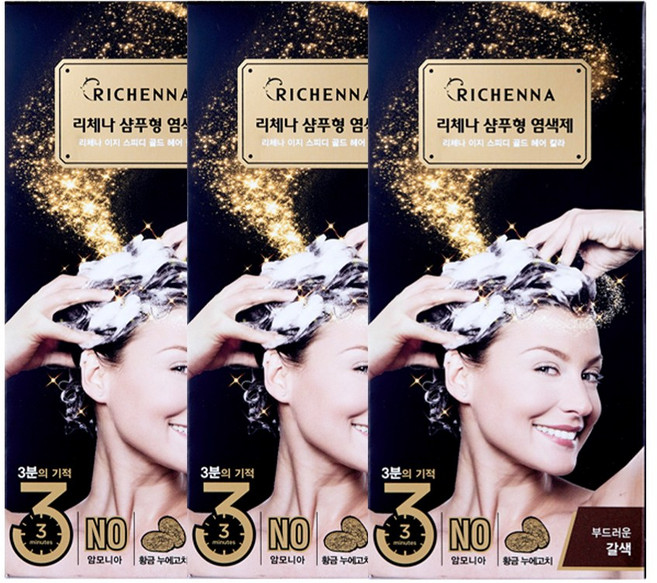 리체나 골드 새치전용 샴푸형 염색제, 부드러운 갈색, 3개
