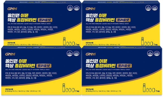 [멀티비타민 미네랄+알티지오메가3+칼슘+마그네슘] GNM 올인원 이뮨 액상 종합비타민 트리플샷 /비타민B D C 비오틴 아연, 7회분, 4박스 - 쿠팡