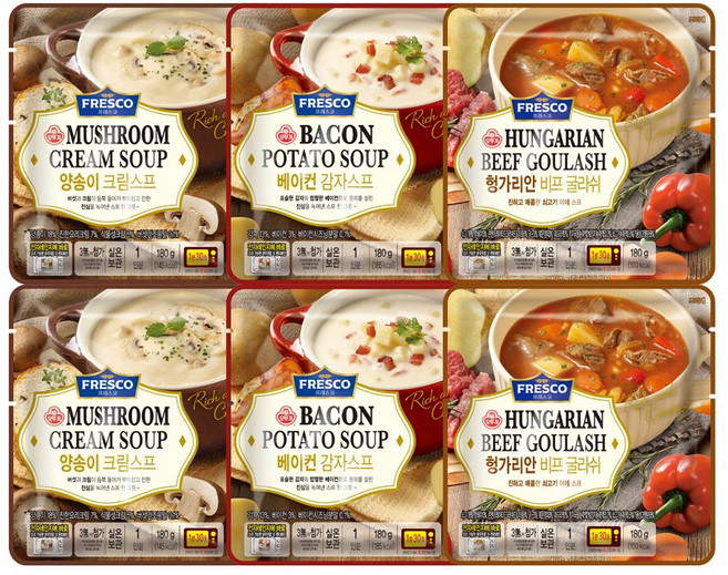 오뚜기 프레스코 스프 3종 각 2개 베이컨감자+양송이크림+헝가리안비프굴라쉬, 180g, 1세트